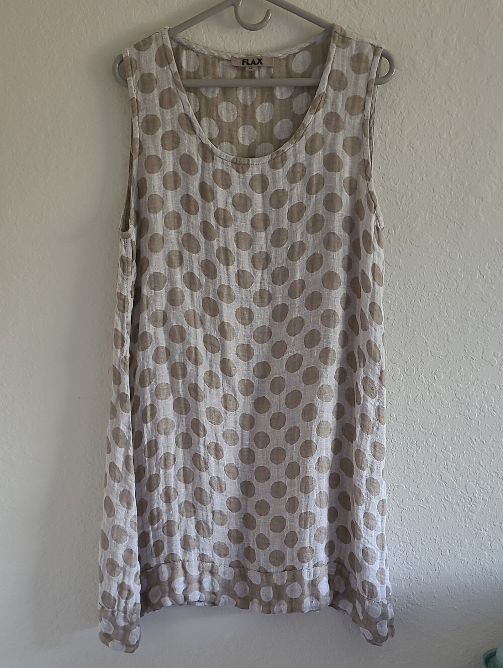 Flax Cream Linen Dress with Taupe Polka Dots. Sz M. Lagenlook.